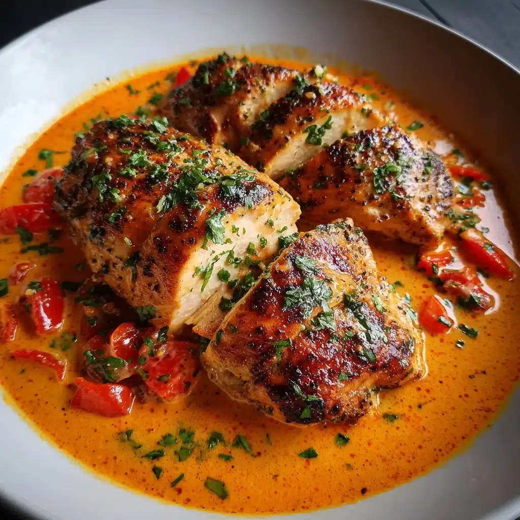 Creamy Tomato Chicken Breast served with fresh herbs and pasta