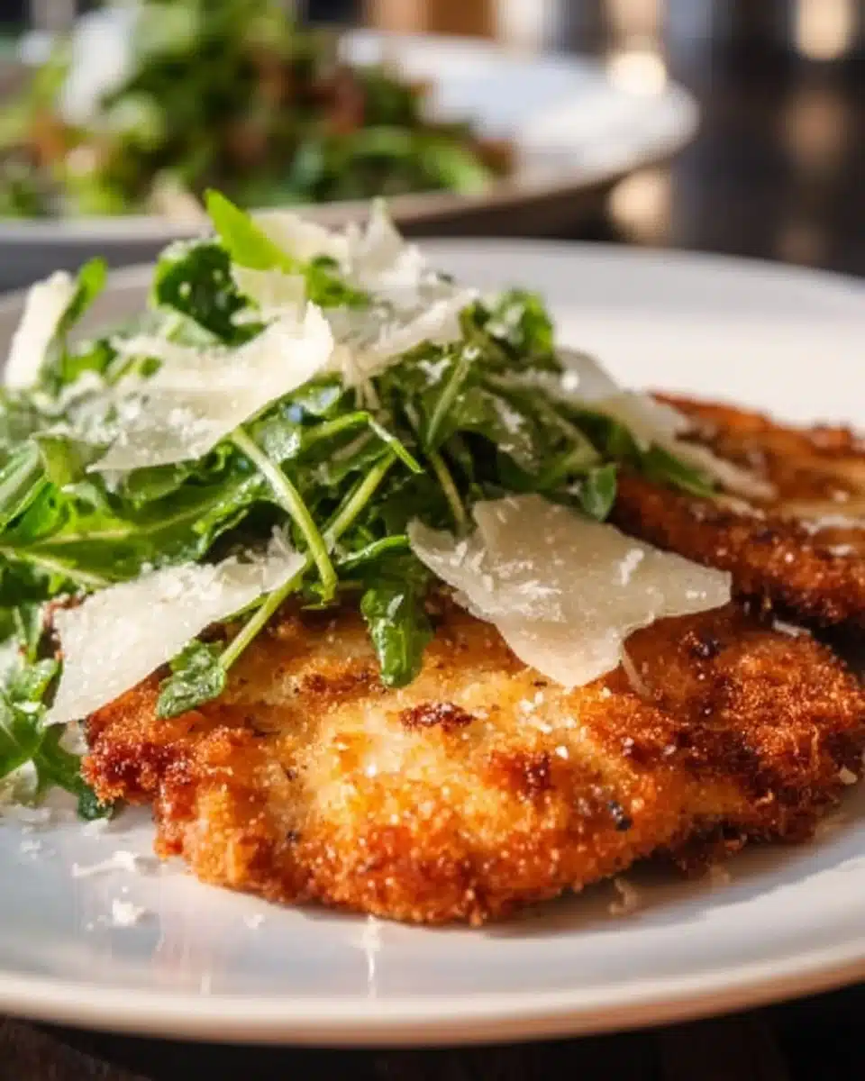 Plate of crispy fried chicken garnished with arugula and lemon vinaigrette