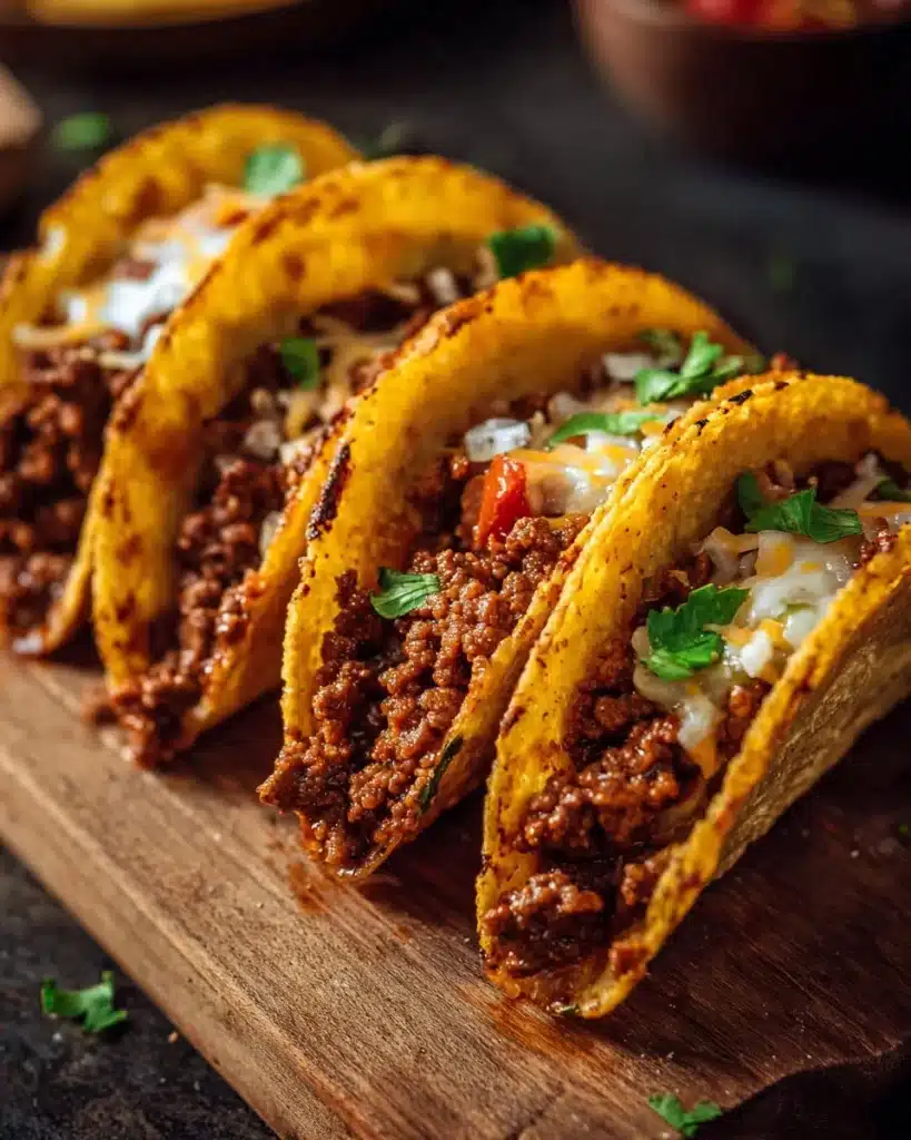 Plate of crispy ground beef tacos with fresh toppings