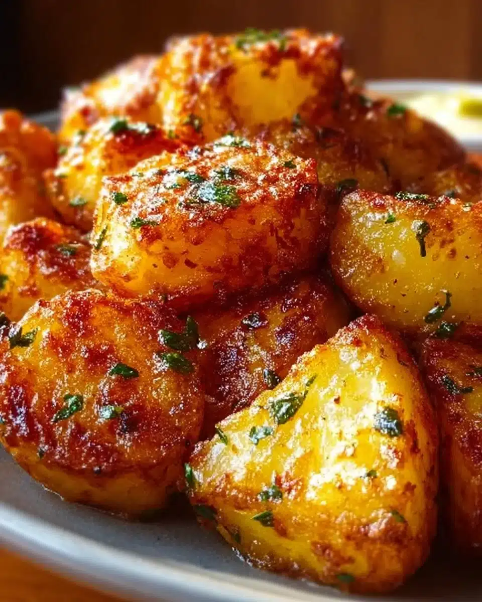 Crispy Parmesan potatoes garnished with fresh herbs on a plate