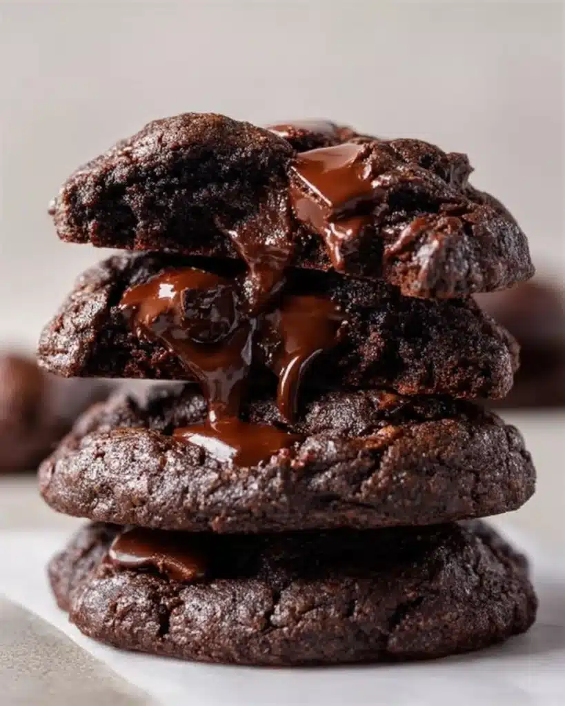 Crumbl Dark Dream Cookies stacked on a plate with chocolate drizzles