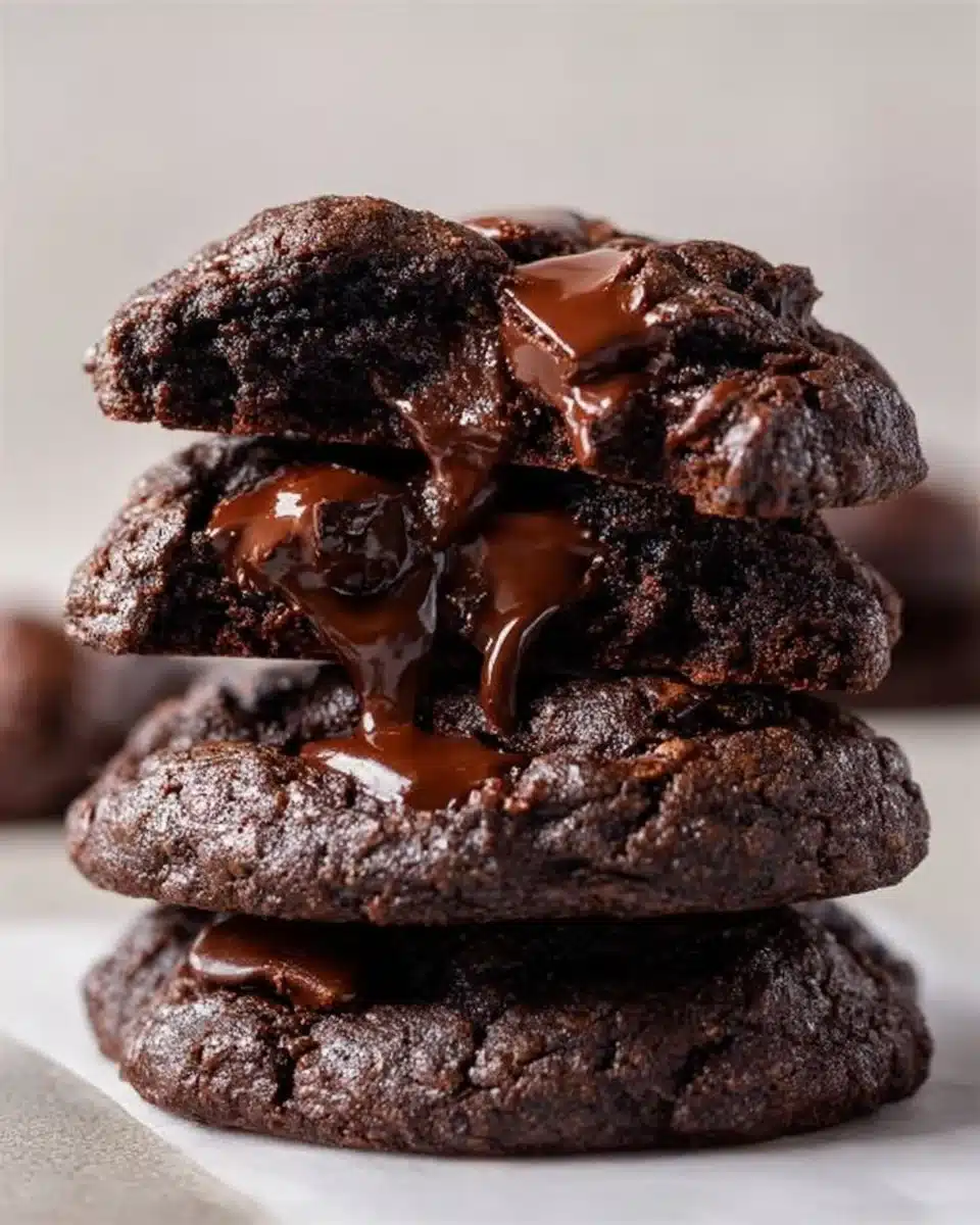Crumbl Dark Dream Cookies stacked on a plate with chocolate drizzles