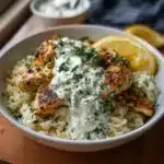 Dump-and-Bake Chicken Tzatziki with Rice served in a bowl