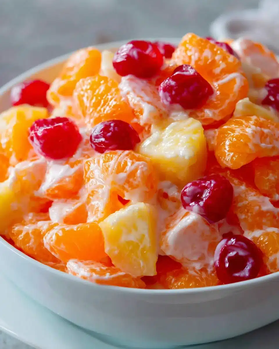 Bowl of colorful Easter Ambrosia Salad with fruits and marshmallows