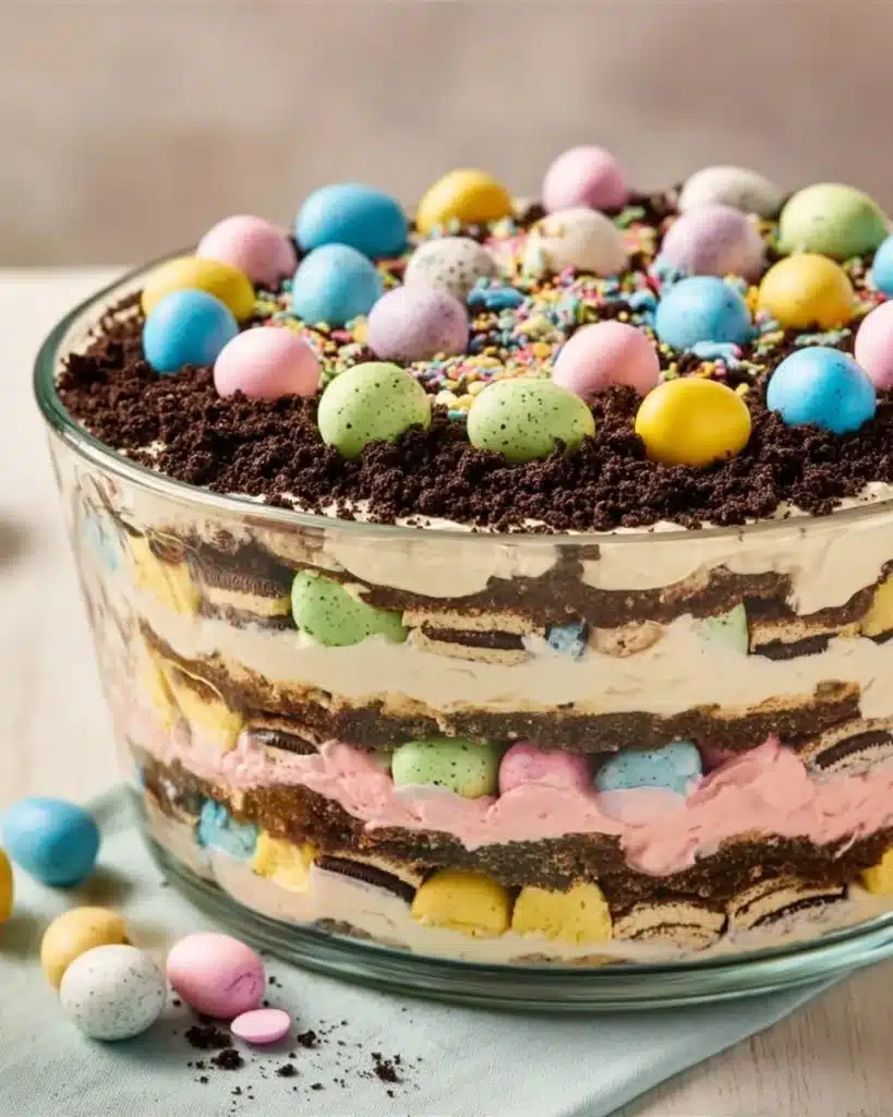 Easter Dirt Cake Casserole with chocolate layers and festive decorations