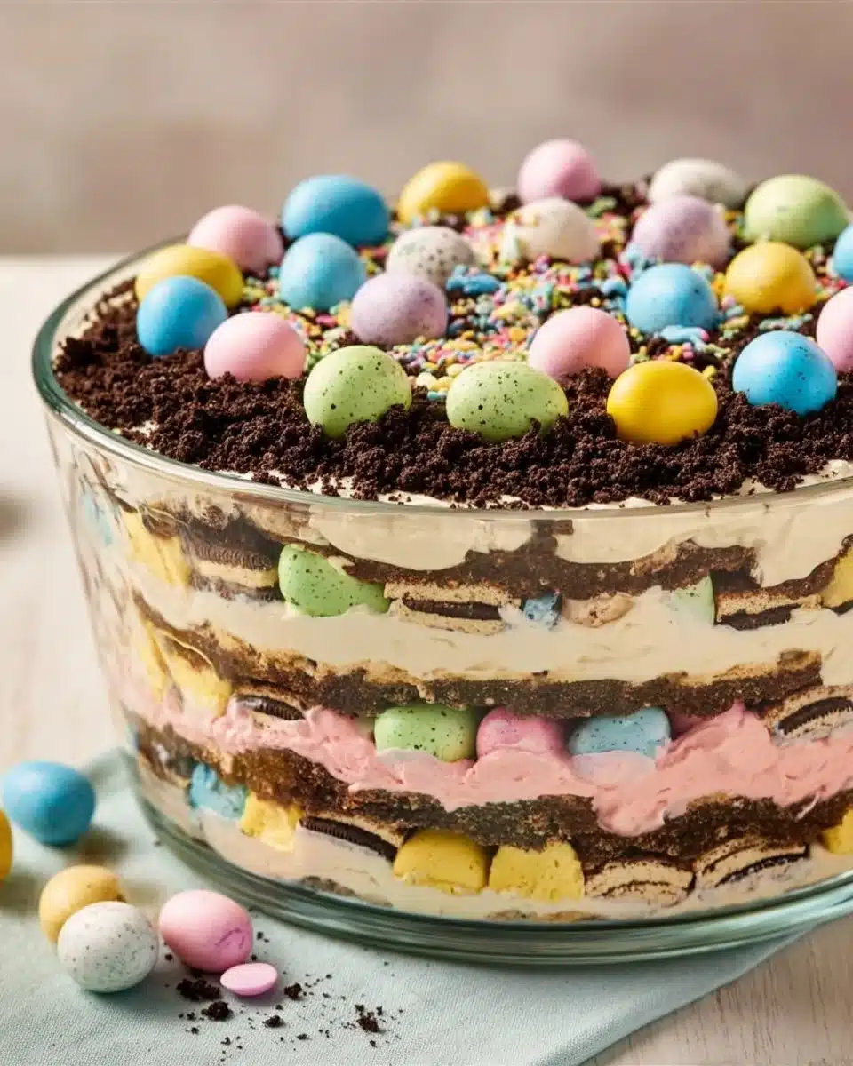 Easter Dirt Cake Casserole with chocolate layers and festive decorations