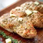 Deliciously baked chicken breasts served on a plate with seasoning and herbs.