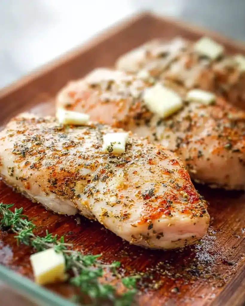 Deliciously baked chicken breasts served on a plate with seasoning and herbs.