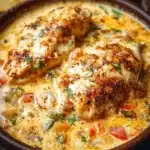 Easy baked queso chicken topped with melted cheese and served with tortillas