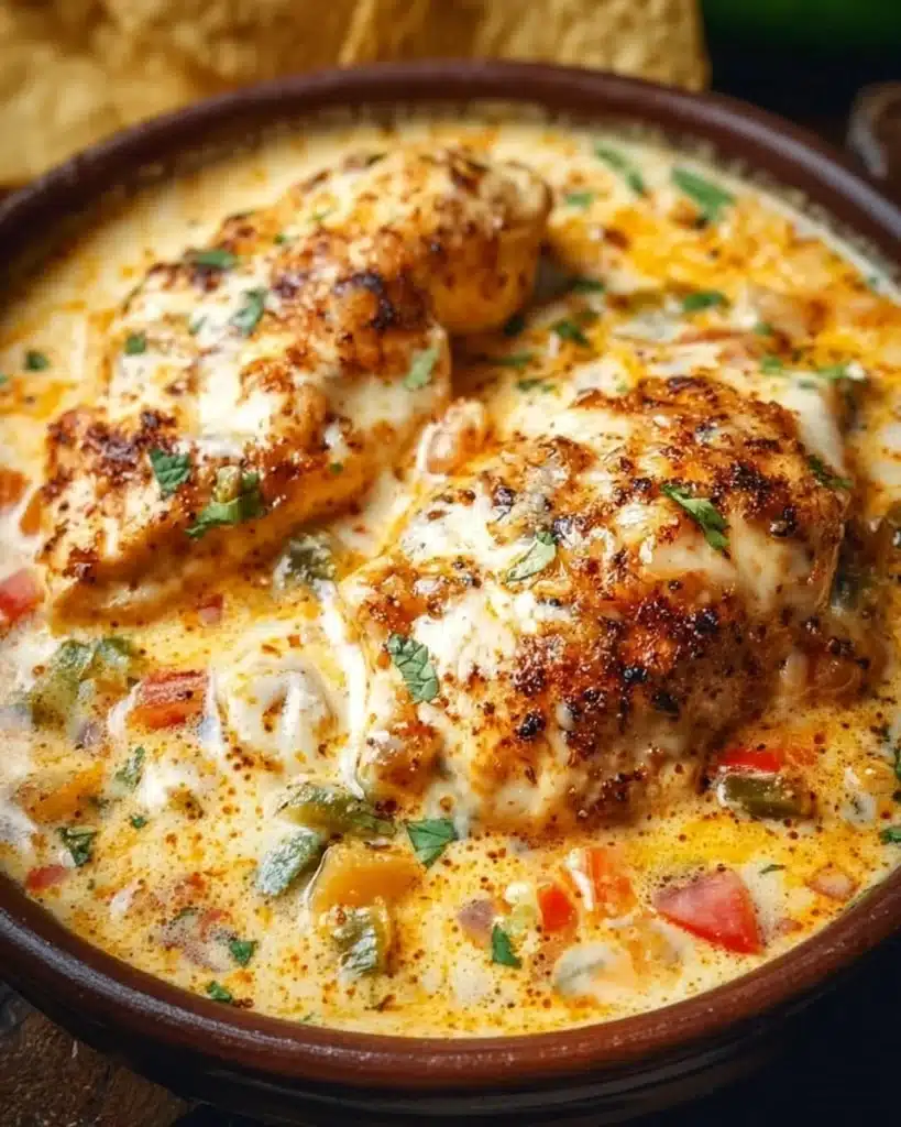 Easy baked queso chicken topped with melted cheese and served with tortillas