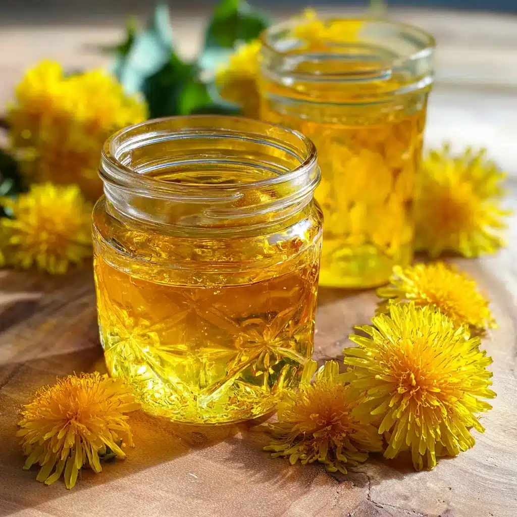 Jars of homemade easy dandelion jelly on a rustic table