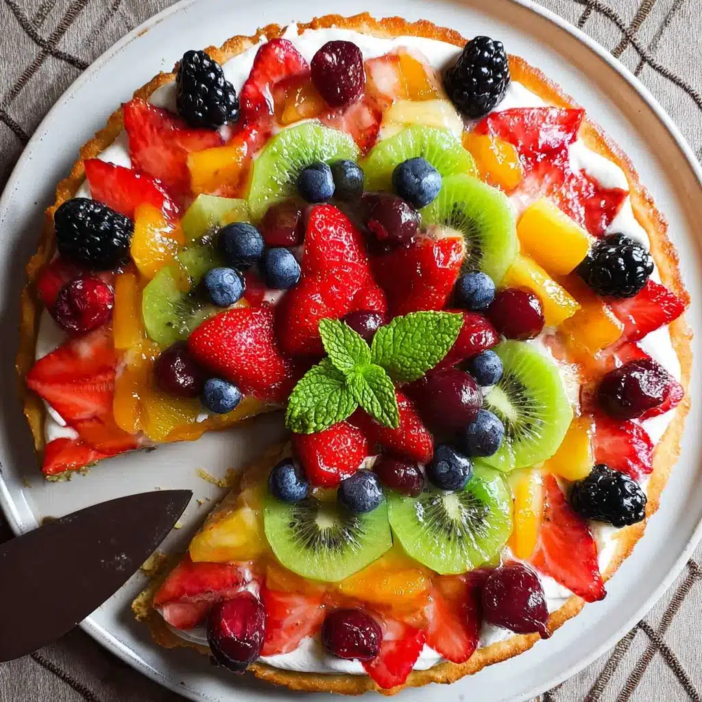 Delicious easy fruit pizza topped with fresh strawberries and kiwi slices.