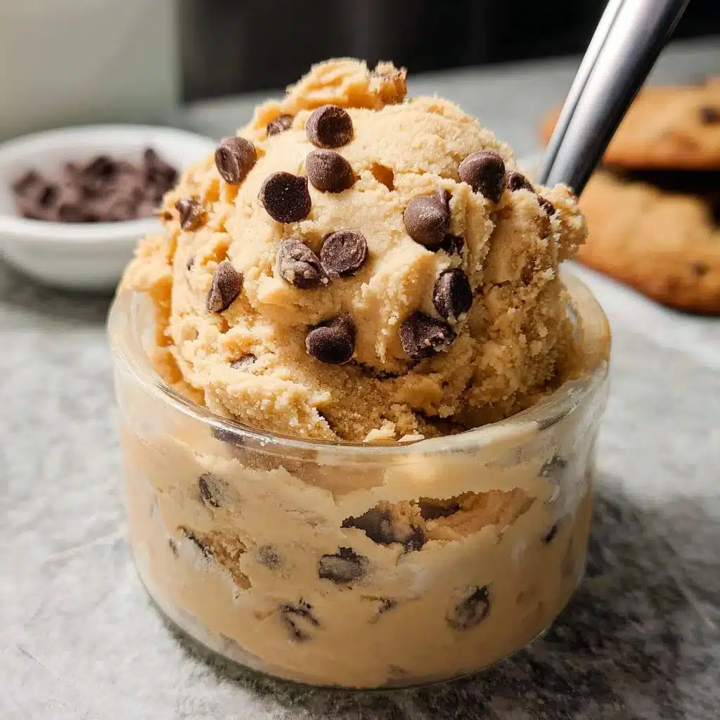 Bowl of edible cookie dough with chocolate chips on a wooden table