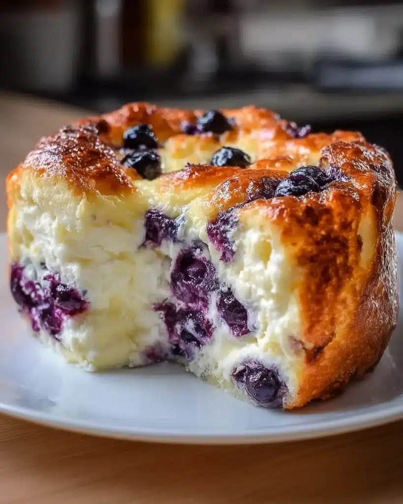 Fluffy cottage cheese blueberry cloud bread on a plate