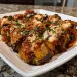 Fluffy Eggplant Rollatini Bake served on a plate with fresh herbs