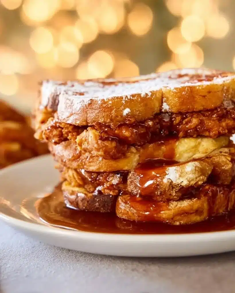 French Toast Fried Chicken Sandwich with syrup and crispy chicken on a plate.