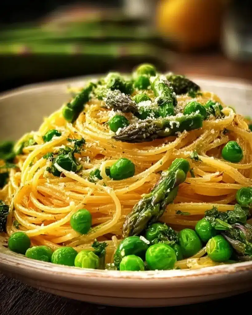 Fresh lemon garlic pasta with asparagus and peas for a healthy dinner