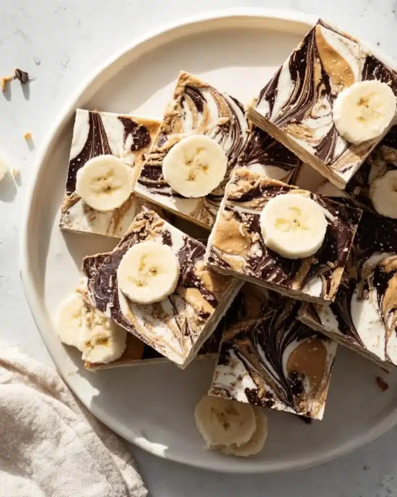 Frozen Peanut Butter Chocolate Greek Yogurt Bark with toppings