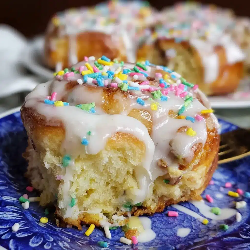 Freshly baked Funfetti Cinnamon Rolls topped with colorful sprinkles and icing