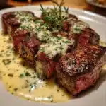Delicious Garlic Butter Steak topped with creamy Parmesan sauce served on a plate.