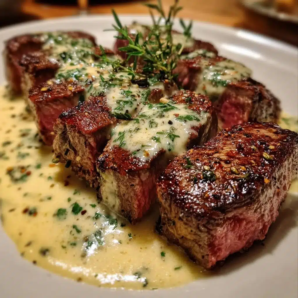 Delicious Garlic Butter Steak topped with creamy Parmesan sauce served on a plate.