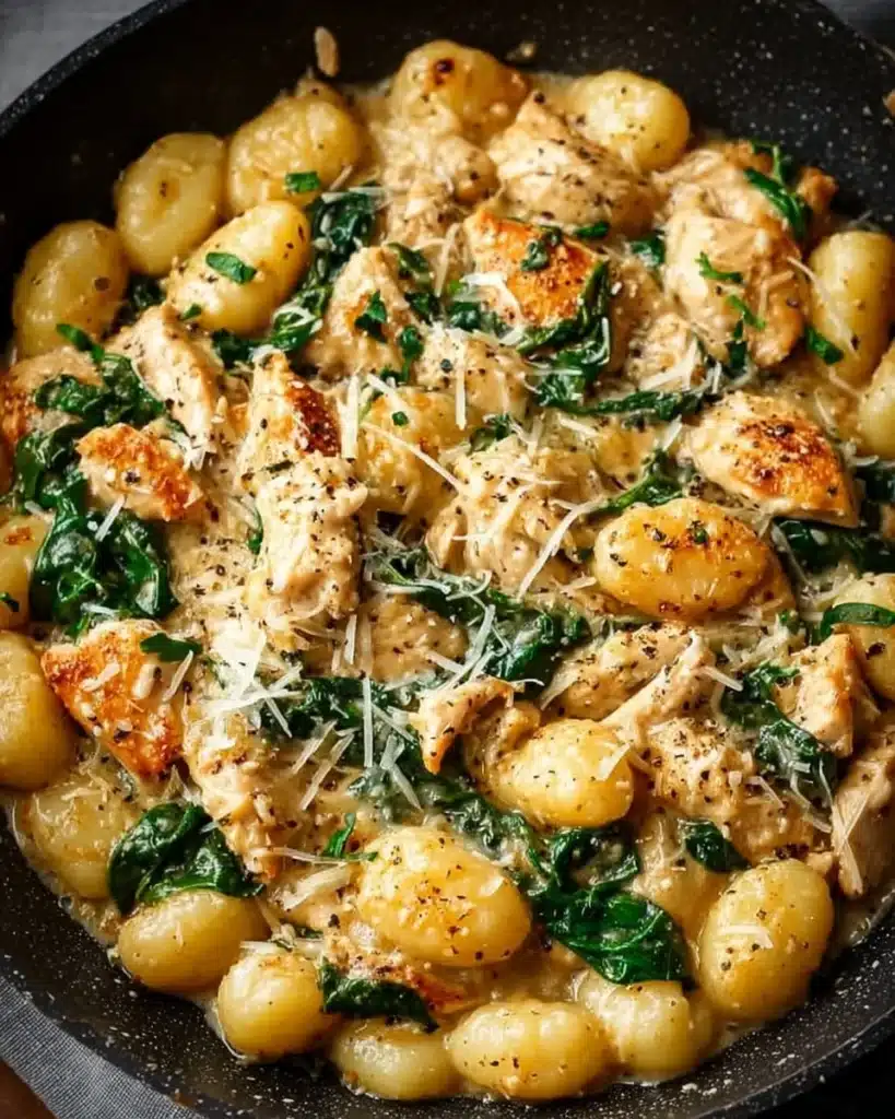 Delicious Garlic Chicken Gnocchi Skillet with garlic sauce and fresh herbs