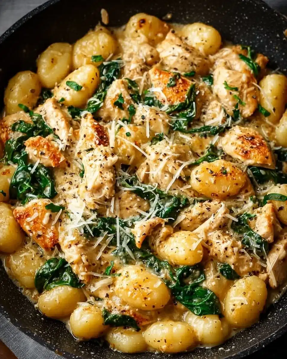 Delicious Garlic Chicken Gnocchi Skillet with garlic sauce and fresh herbs