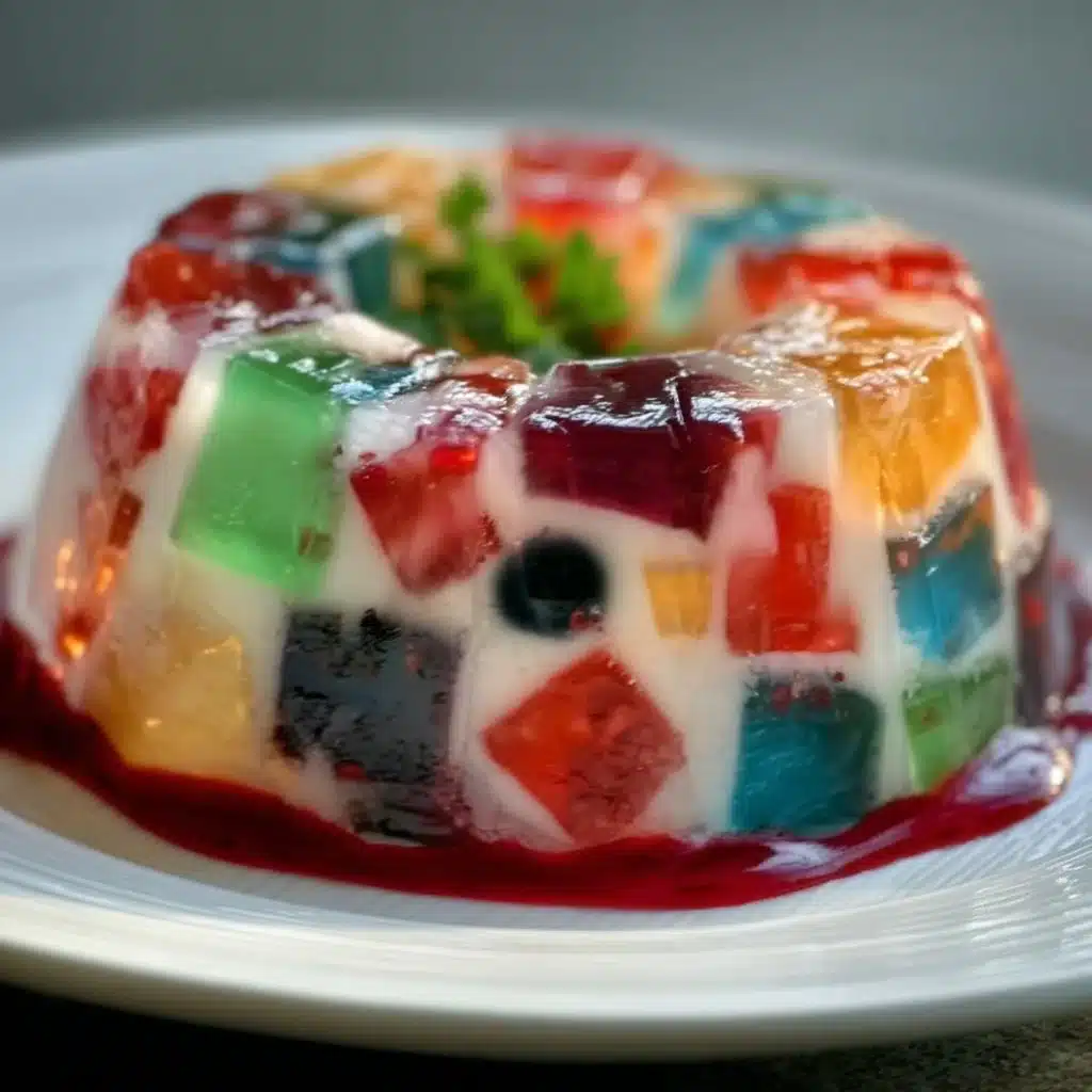 Colorful gelatin fruit dessert featuring assorted fresh fruits in a clear jelly.