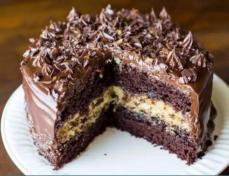 Slice of homemade German Chocolate Cake with coconut and pecan frosting
