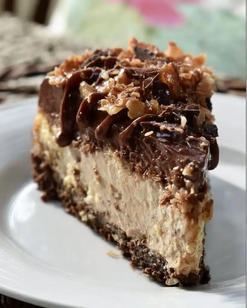 Slice of German Chocolate Cheesecake topped with coconut and pecan frosting