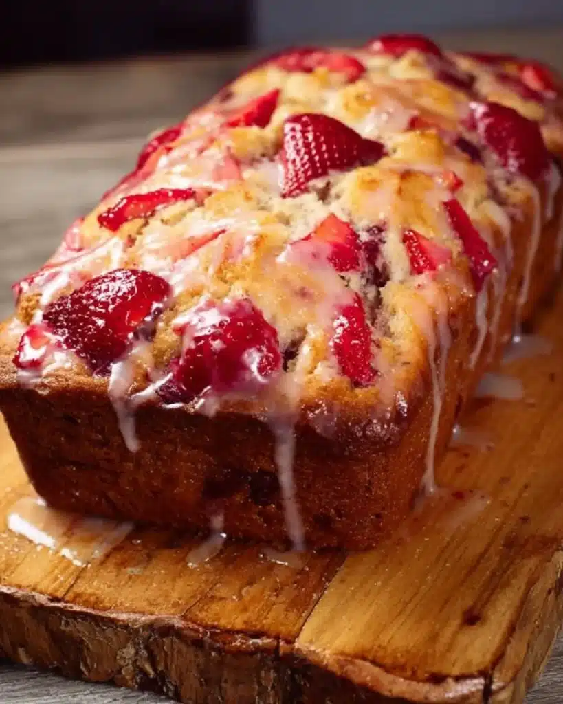 Delicious glazed strawberry bread with a glossy topping and fresh strawberries