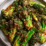 Bowl of spicy Gochujang Broccoli garnished with sesame seeds