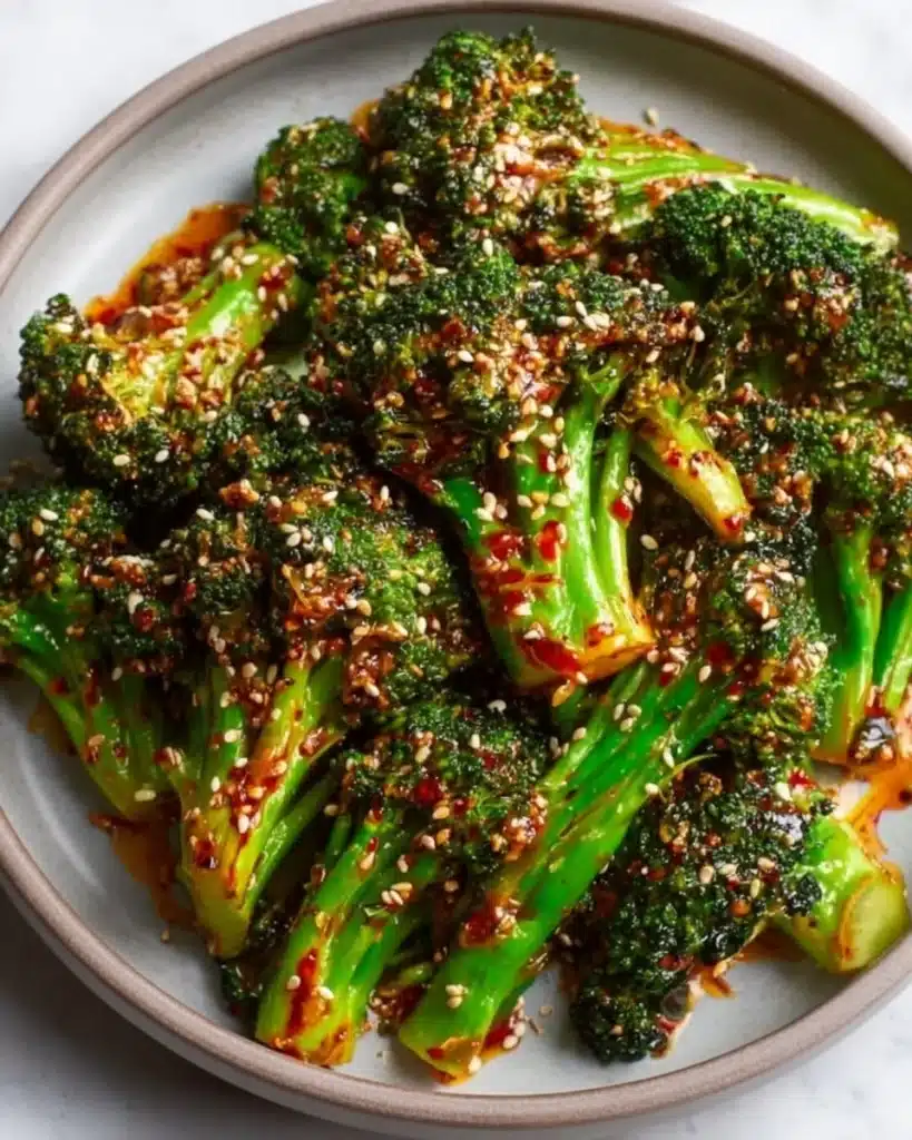 Bowl of spicy Gochujang Broccoli garnished with sesame seeds