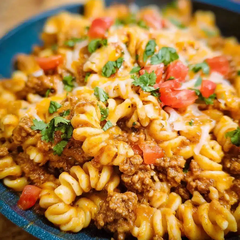 Ground Turkey Taco Pasta served in a bowl with toppings