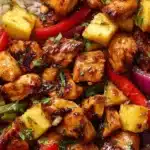 Hawaiian chicken sheet pan dinner with colorful vegetables