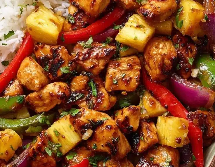 Hawaiian chicken sheet pan dinner with colorful vegetables