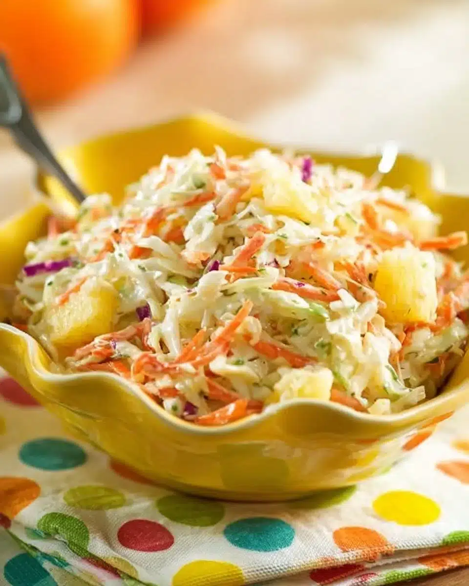 Hawaiian pineapple coleslaw served in a bowl with fresh ingredients
