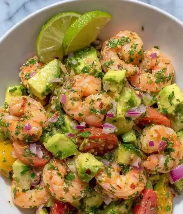 Fresh healthy shrimp avocado salad with tomatoes and greens