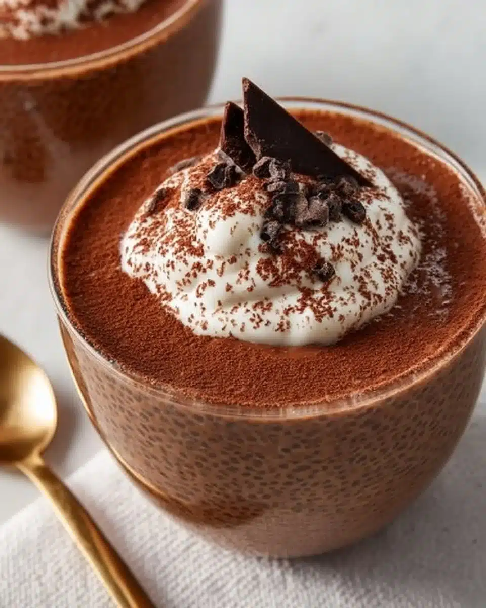 High protein chocolate chia seed pudding served in a bowl with toppings