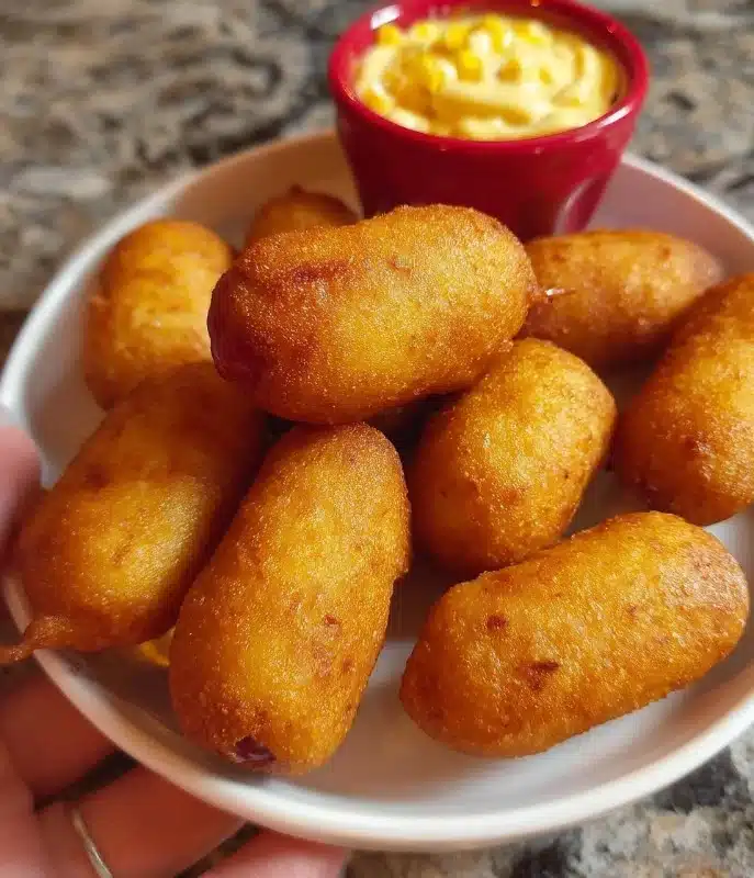 Homemade mini corndogs served with dipping sauce on a plate