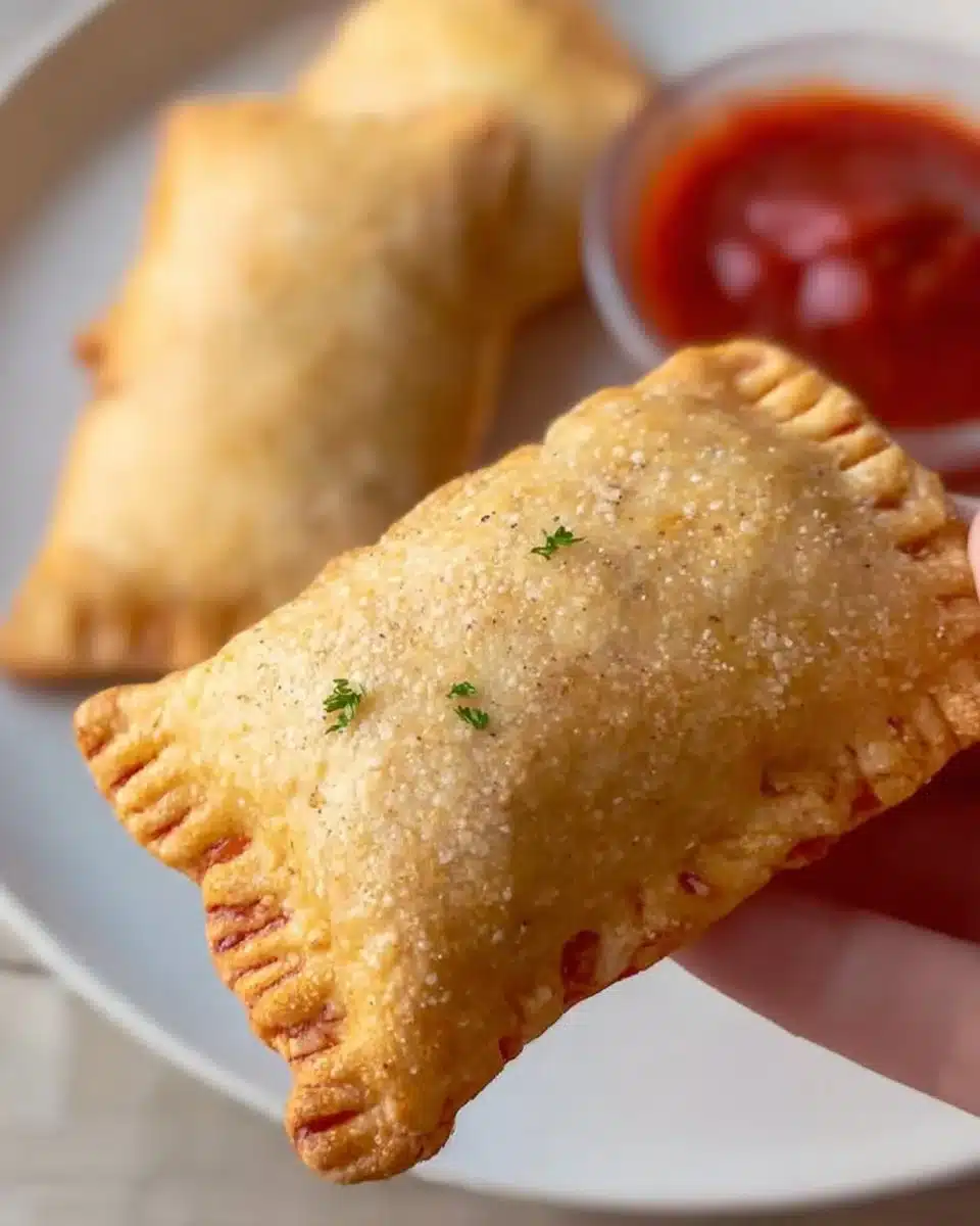 Homemade pepperoni pizza pockets, golden brown and stuffed with cheese and pepperoni