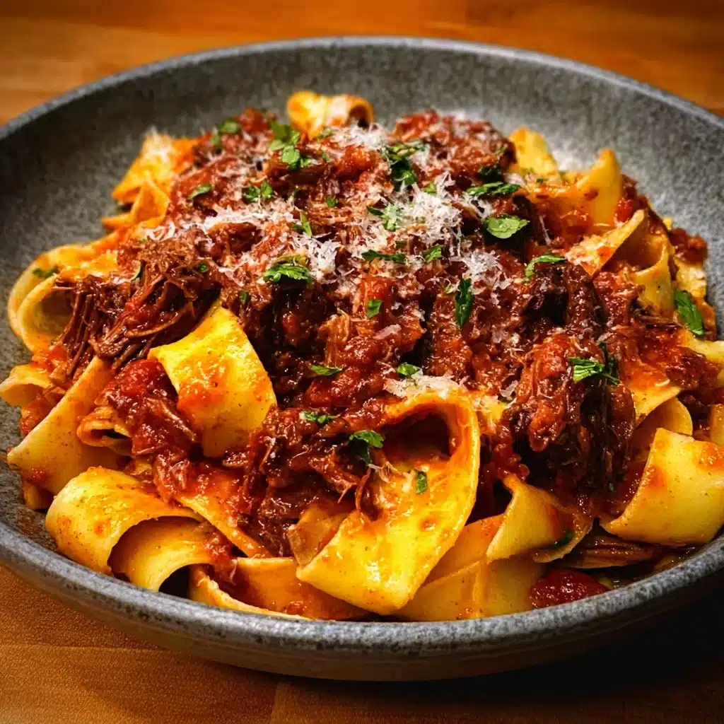 A bowl of homemade short rib ragu served over pasta, garnished with herbs.