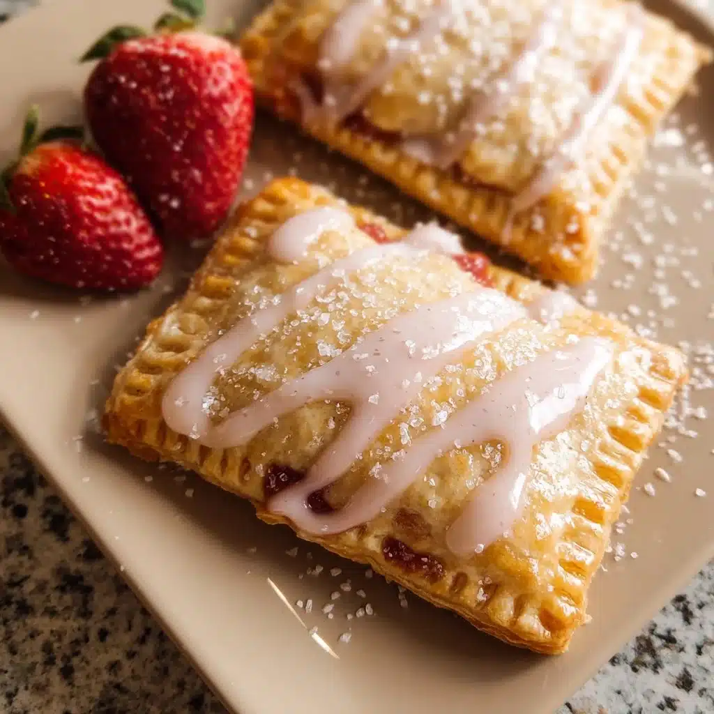 Homemade strawberry pop tarts with icing and fresh strawberries on a plate.