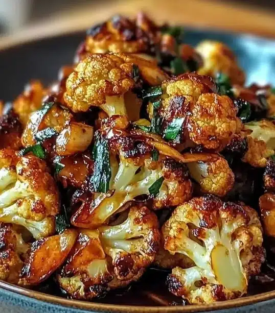 Honey curry roasted cauliflower dish garnished with herbs on a plate