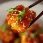 Delicious honey sesame chicken served with vegetables and rice