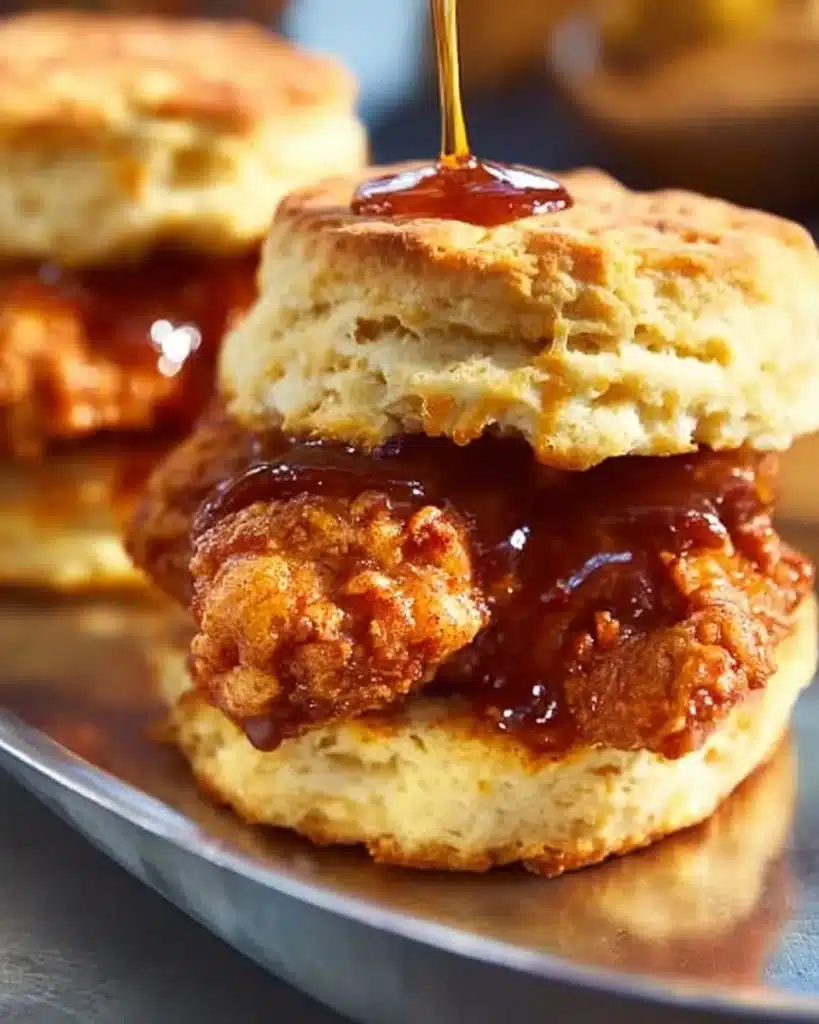 Hot honey chicken biscuits served on a rustic plate with honey drizzle