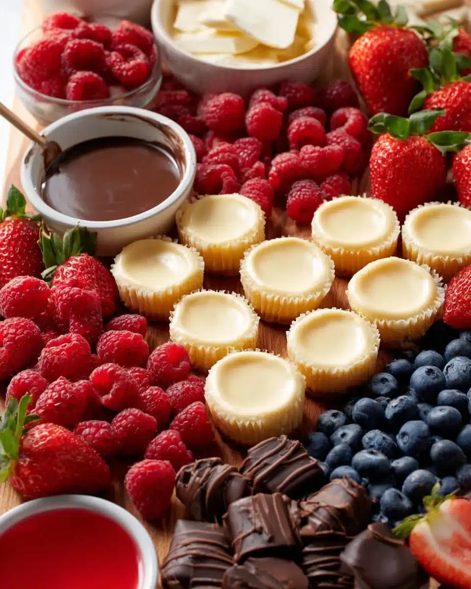 Delicious mini cheesecake board displayed with an assortment of toppings
