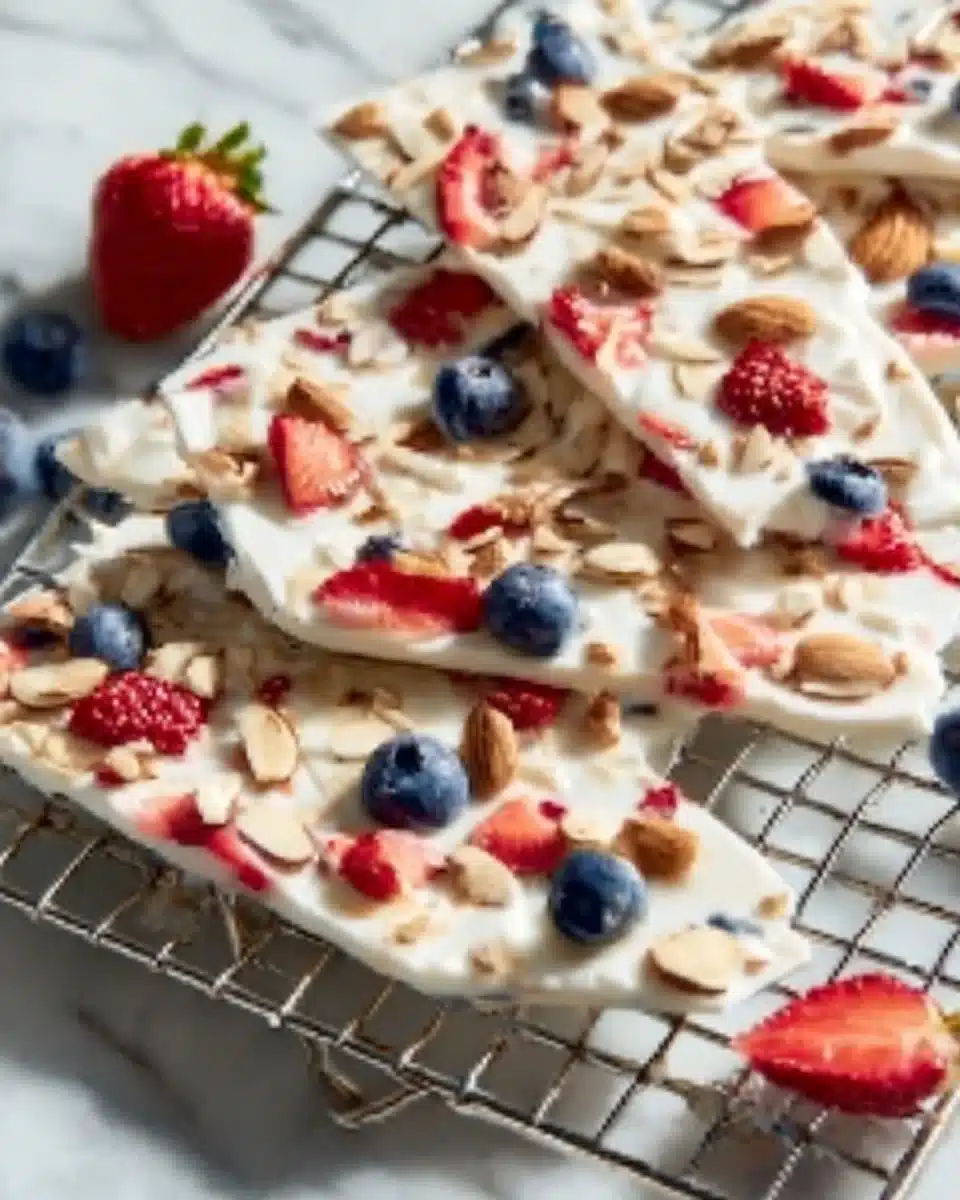 Frozen yogurt bark topped with fresh berries and nuts on a white plate