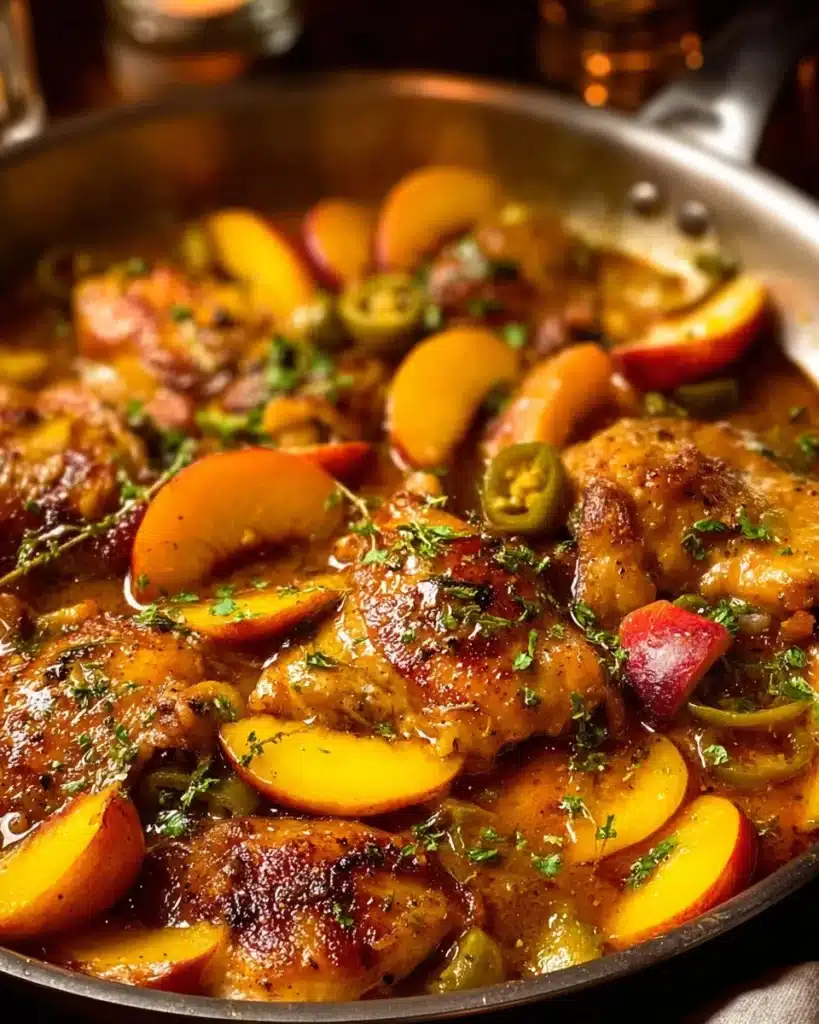 Delicious jalapeno peach chicken served on a plate garnished with fresh herbs.