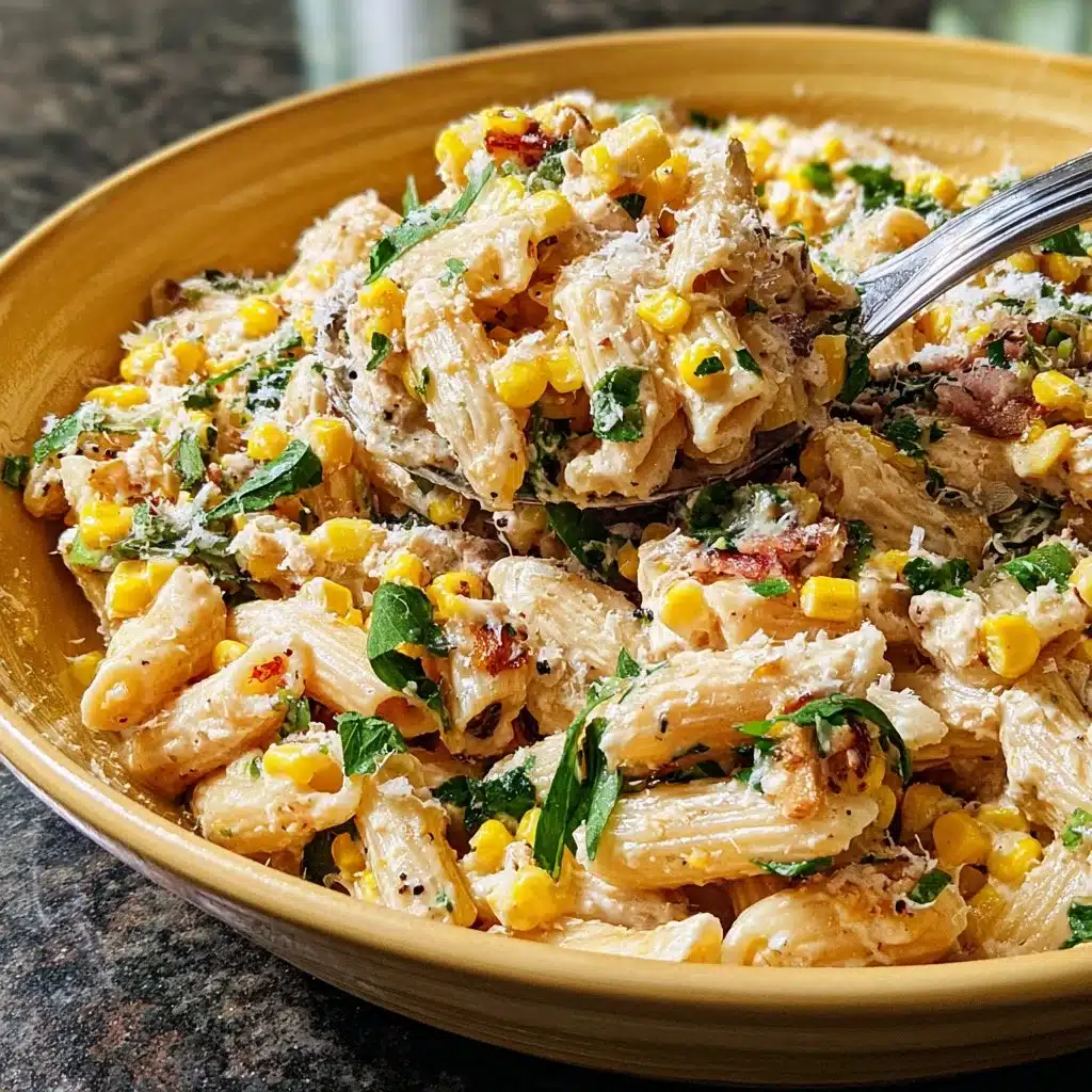 Juicy Street Corn Pasta Salad garnished with cilantro and lime